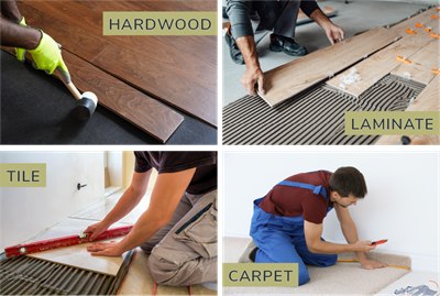Types of flooring, including hardwood, laminate, tile and carpet